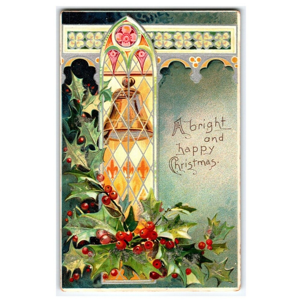 Vintage Tuck's Christmas Postcard Stained Glass Bell Holly Edwardian Era